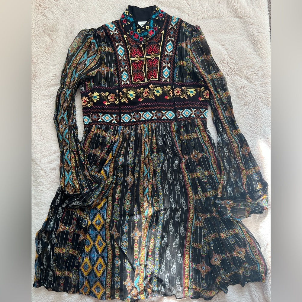 Anthropologie Akemi + Kin Elina Embroidered Mini Dress Cross Stitch size 2